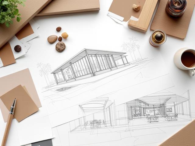 Architectural sketches and mood boards showing initial designs for Lumen Cafe, blending light and coffee concepts.