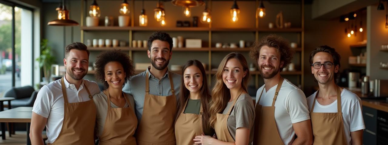 Diverse team of Lumen Cafe baristas and retail staff smiling warmly in the cafe interior, illuminated by their unique lighting products.