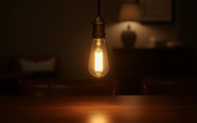 A stylish pendant light hanging over a modern dining table, casting a warm glow.