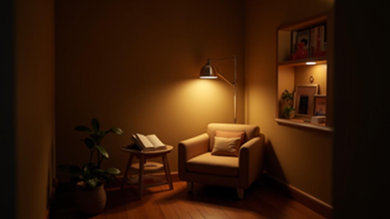 A cozy reading nook perfectly illuminated by a stylish floor lamp and a subtle accent light, bathed in warm, soft light.