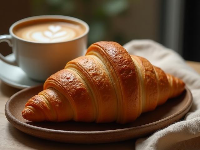Flaky golden croissant on a ceramic plate next to a beautifully frothed cappuccino.