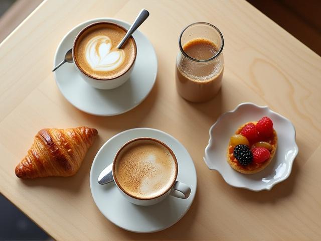 An aesthetically arranged flat-lay photo of various Lumen Cafe drinks and pastries on a wooden table.