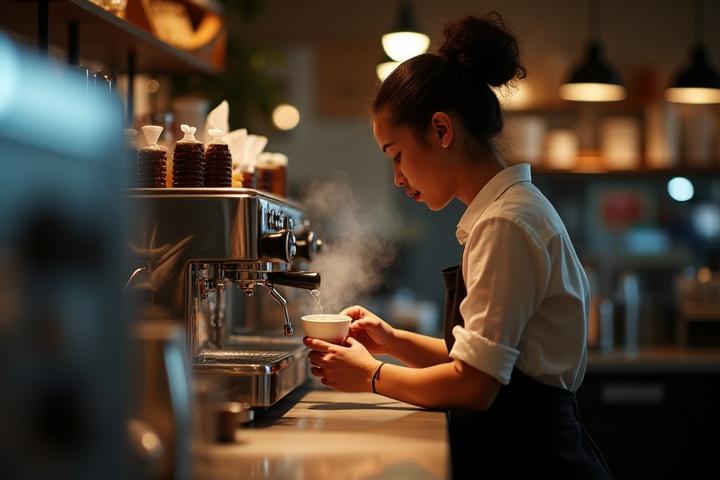 Barista meticulously preparing coffee beverages at the illuminated counter.