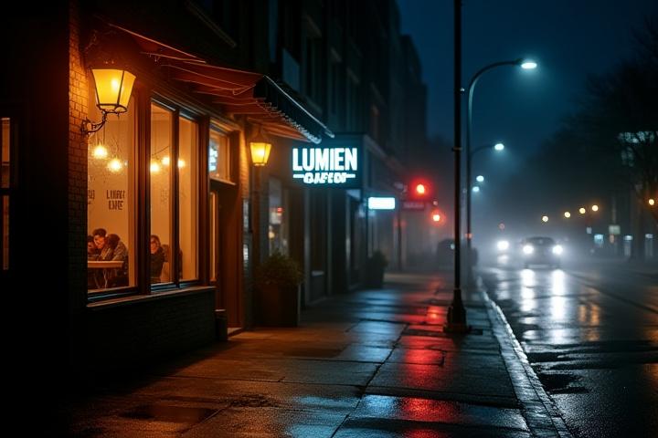 Lumen Cafe exterior at night, storefront glowing warmly against the Toronto street.