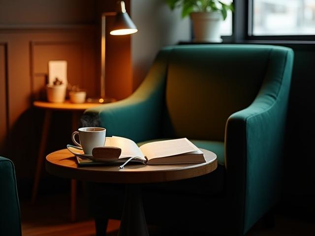 Cozy reading nook bathed in warm light, with comfortable armchair and a small table with a coffee cup.