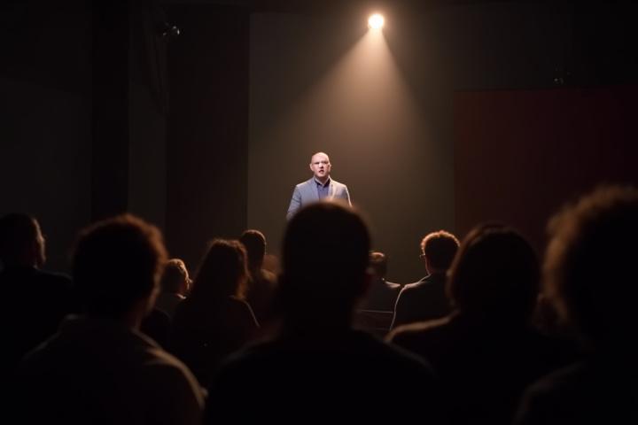 Speaker presenting during a workshop, illuminated by a spotlight, in Lumen Cafe's event space.