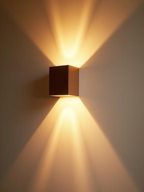 Modern geometric wall sconce casting intricate shadows on a textured wall.