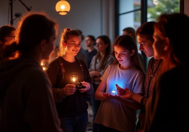 Group of people engaged in a light photography workshop at Lumen Cafe, cameras in hand.