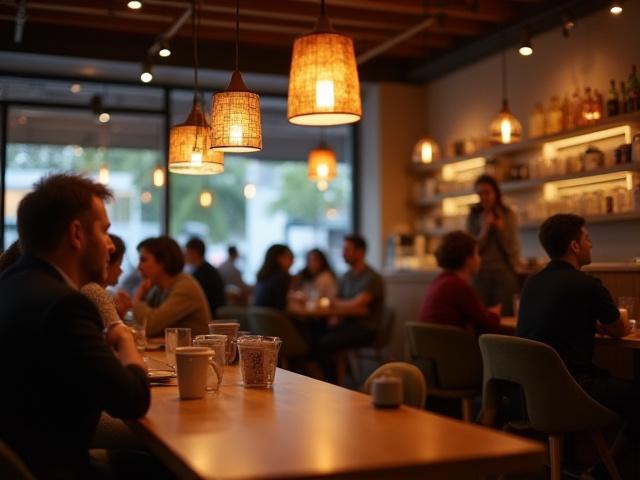 Customers enjoying a beautifully lit cafe interior with unique pendant lights