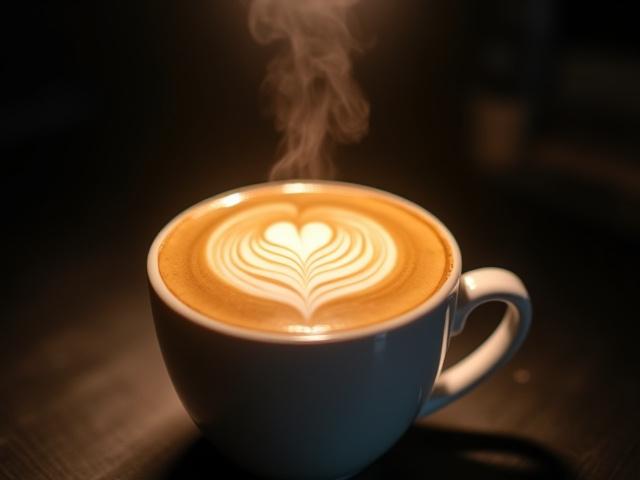Close-up of intricate latte art under a focused spotlight