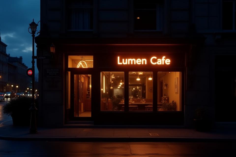 Lumen Cafe storefront at dusk, glowing warmly with ambient light