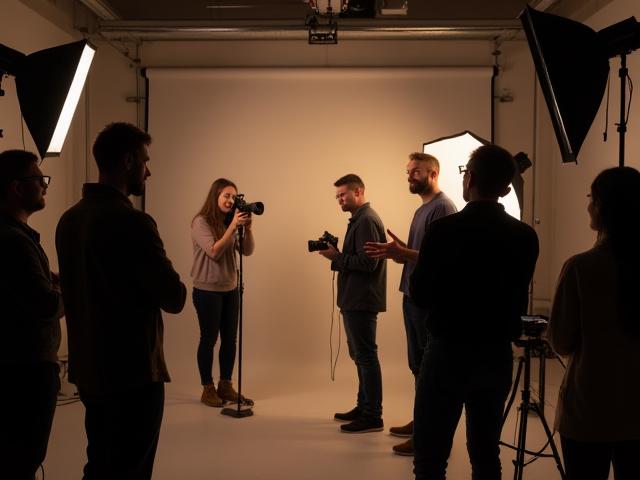 A group of people attending a lighting photography workshop, holding cameras