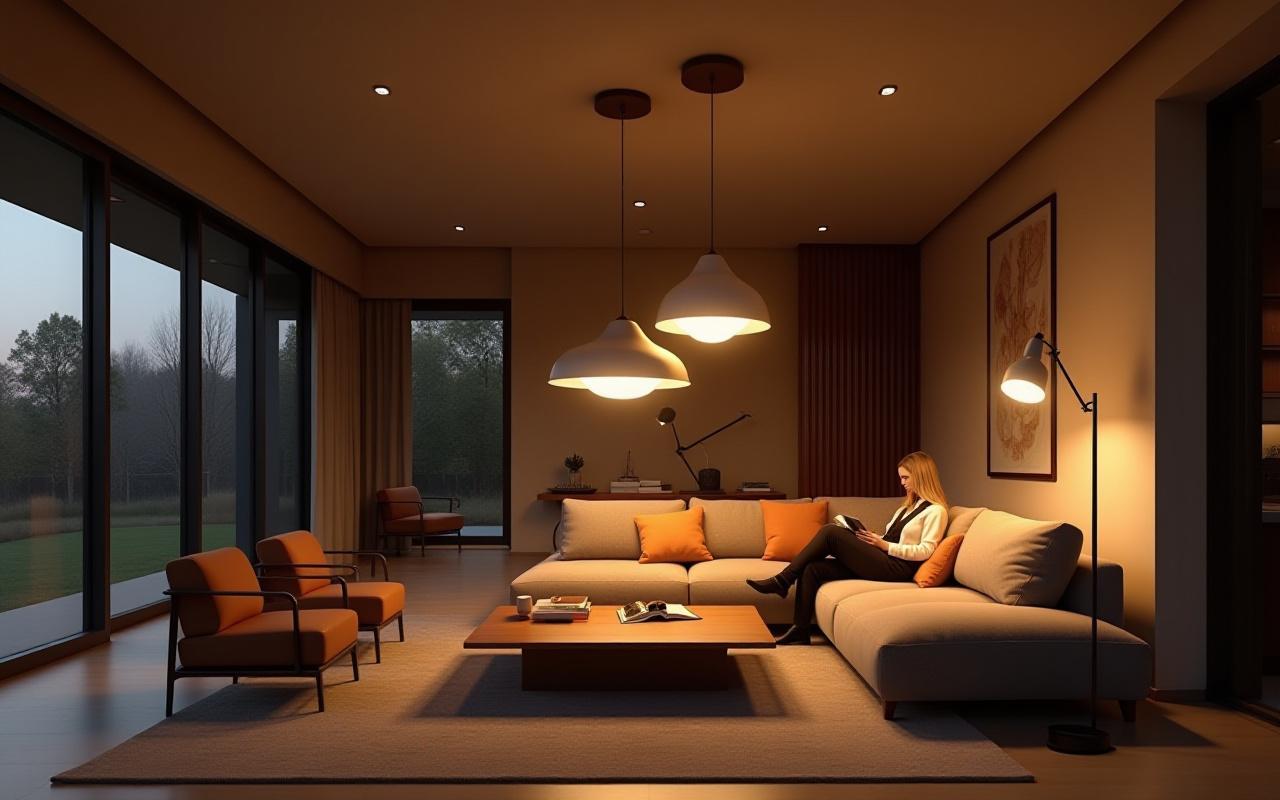 Warm and inviting home interior with designer lighting fixtures, showcasing professional lighting design.