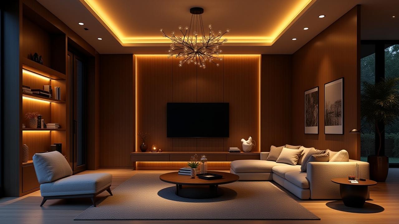 Stunningly lit modern living room displaying a perfectly executed lighting design after a Lumen Cafe consultation.