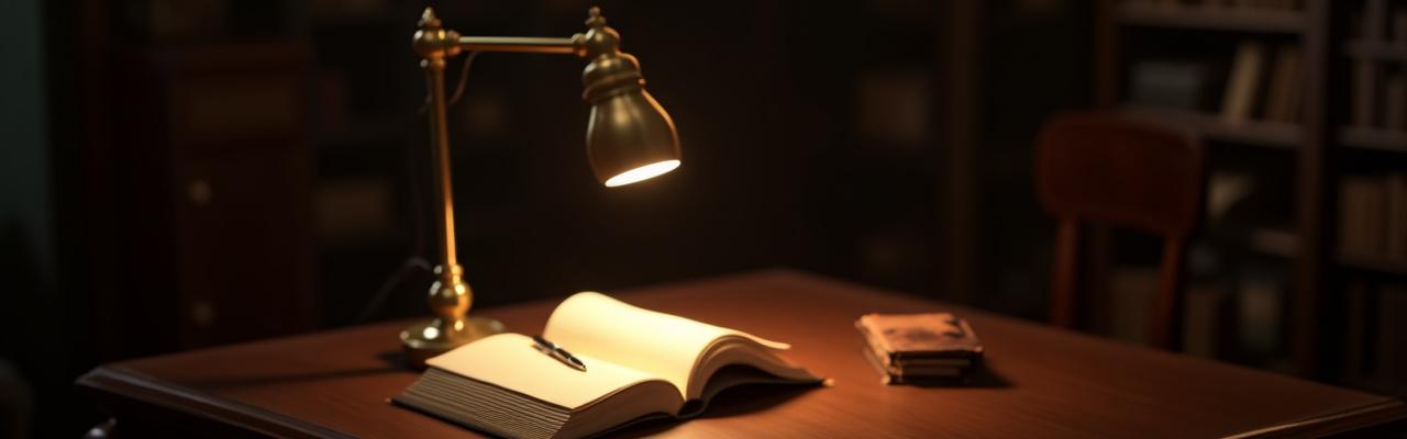 The 'Scholar' Desk Lamp, a classic design with modern LED efficiency on a wooden desk.