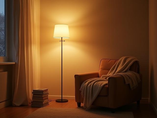 Tall, minimalist floor lamp casting a soft light in a cozy reading nook.