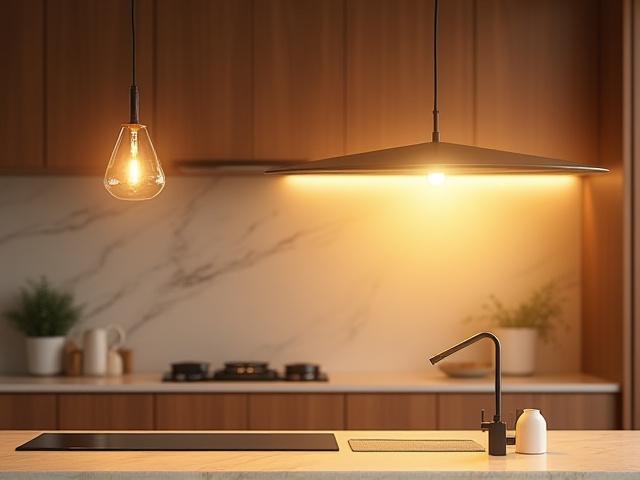 Stylish pendant lights over a modern kitchen island with warm glow.