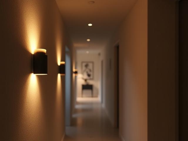 Artistic wall sconces providing ambient light in a textured hallway.